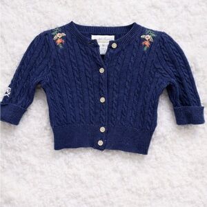 Ralph Lauren Navy Blue Cable Knit Heirloom Cardigan with Floral Embroidery, 0-3M